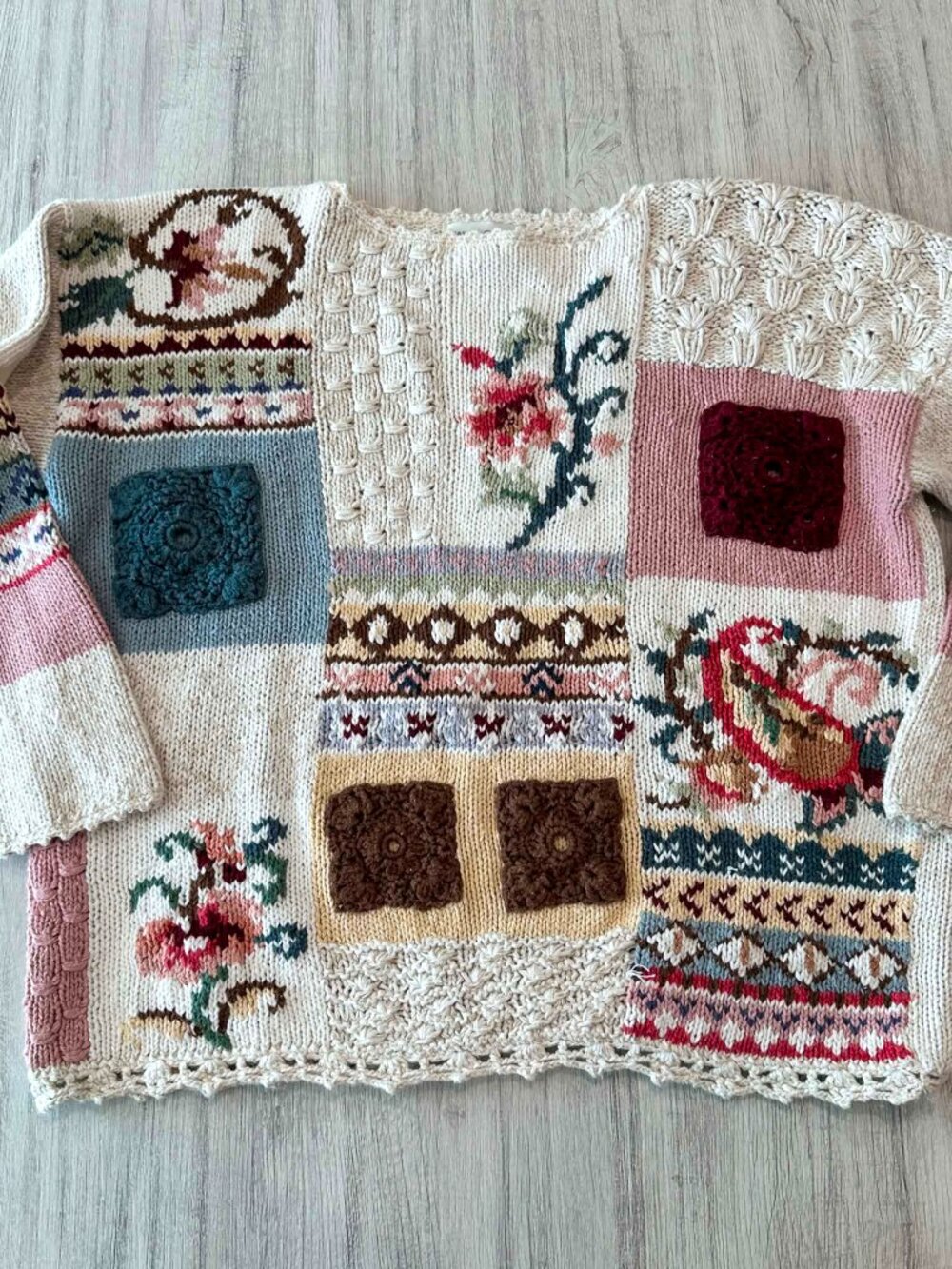 Vintage Casual Corner Patchwork Floral Sweater Women's L Multicolor Cotton